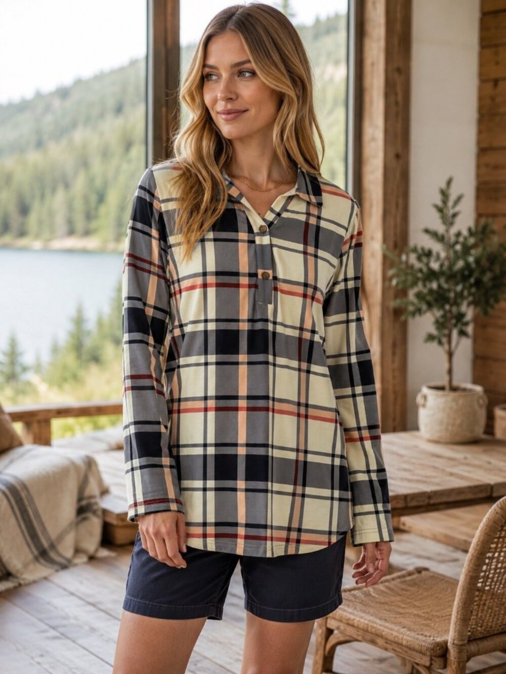 NWT Womens Cestyle Plaid Blouse Large roll tab sleeve Tunic Pullover